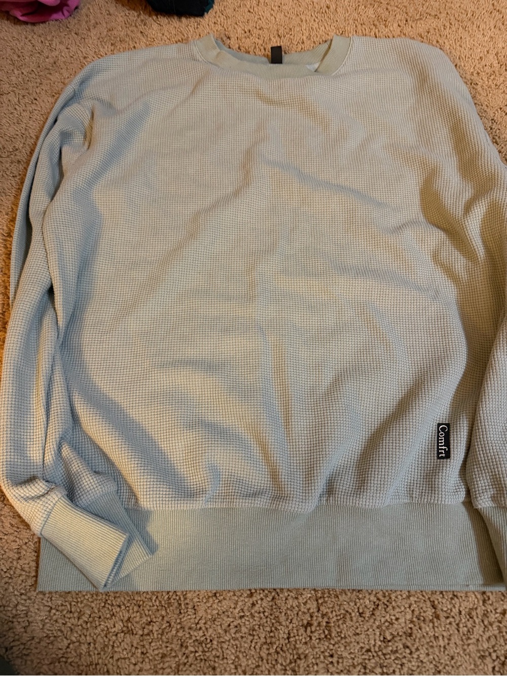 Waffle Knit Long Sleeve Crewneck Sweater - Light Sage Green